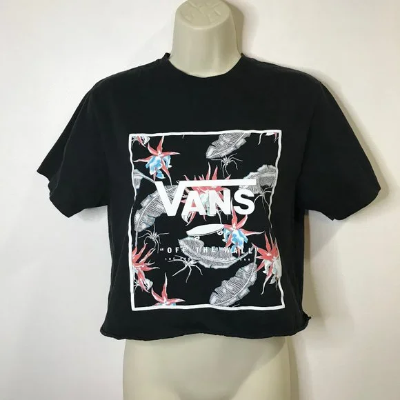 Vans Off the Wall Black Crop T-shirt SMALL S Spider Skateboard Crewneck - Picture 1 of 8